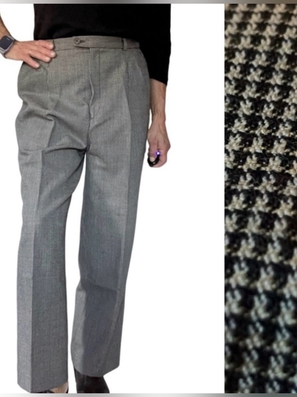 Harve Benard Wool Fully Lined Houndstooth Wide Leg Pleated Dress Pant Med